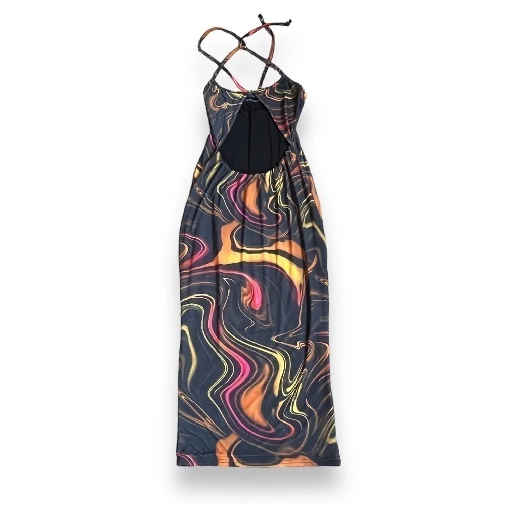 PRETTYLITTLETHING Orange Marbel Print Cut out Dress Size 4